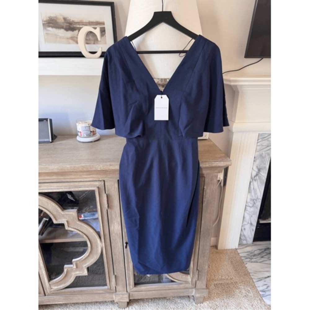 Dress the Population Cape Sleeve Sheath Dress Womens Navy Blue Small